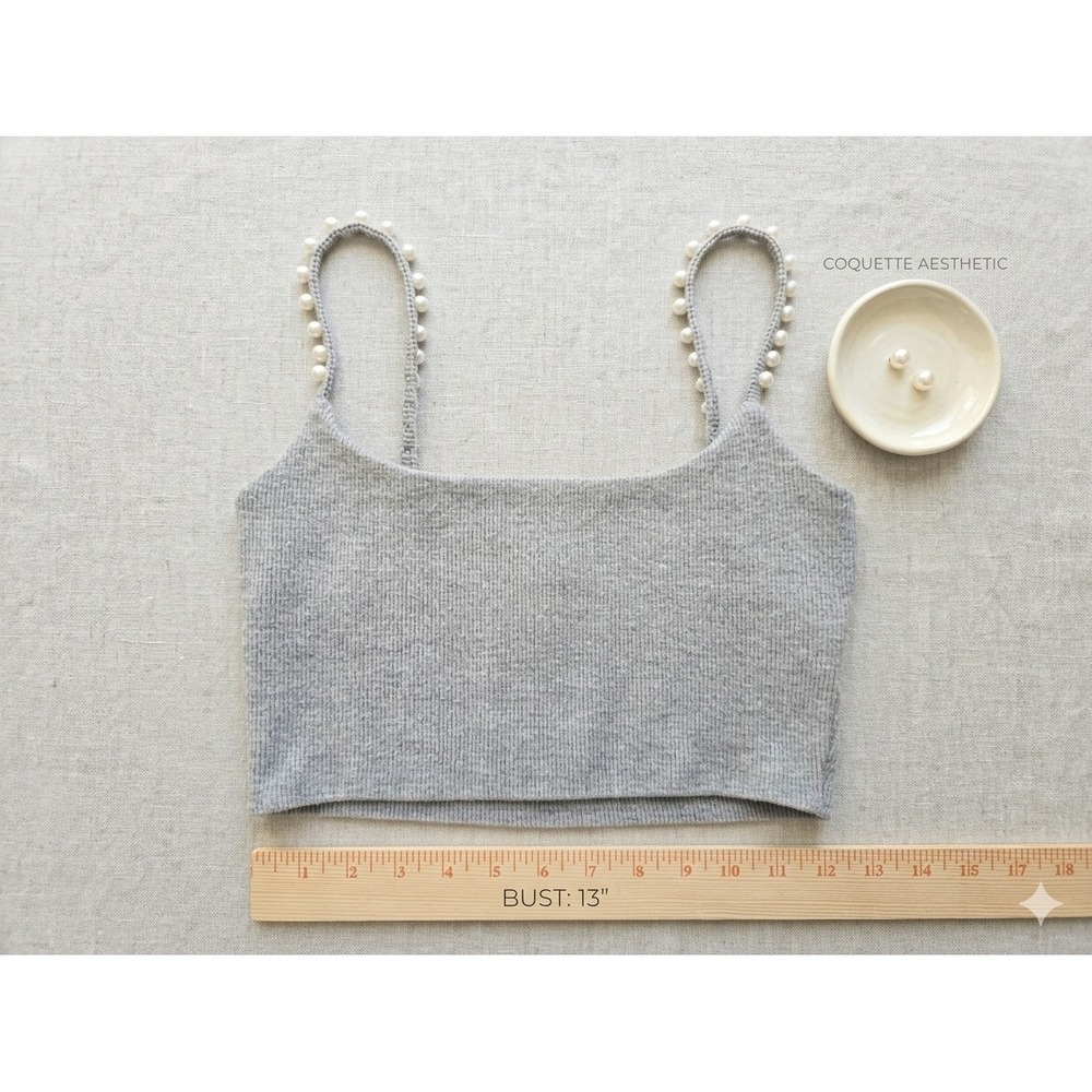 Zara Gray Ribbed Knit Pearl Strap Cropped Tank Top Women's Small Coquette